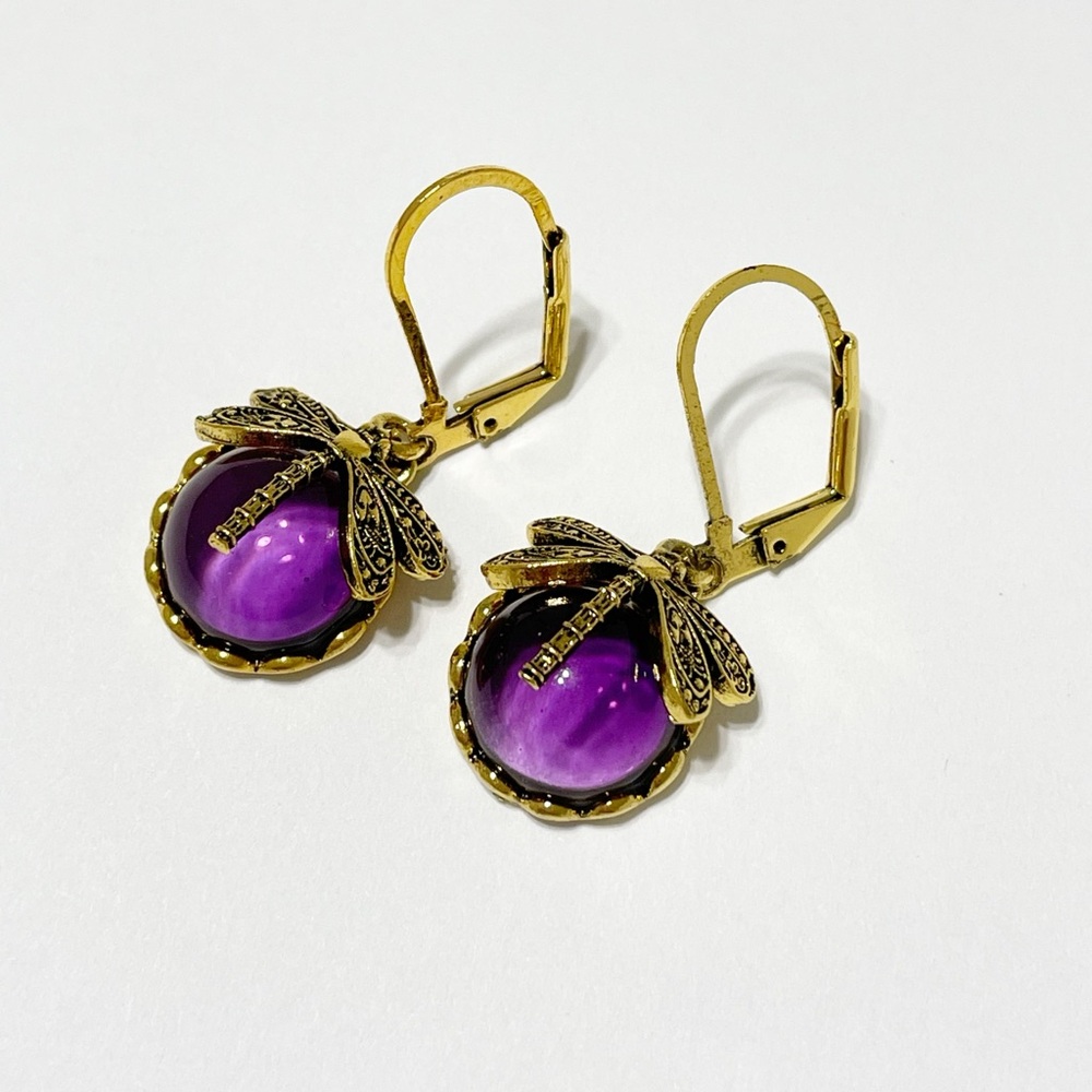 Gold and Purple Dragonfly Earrings